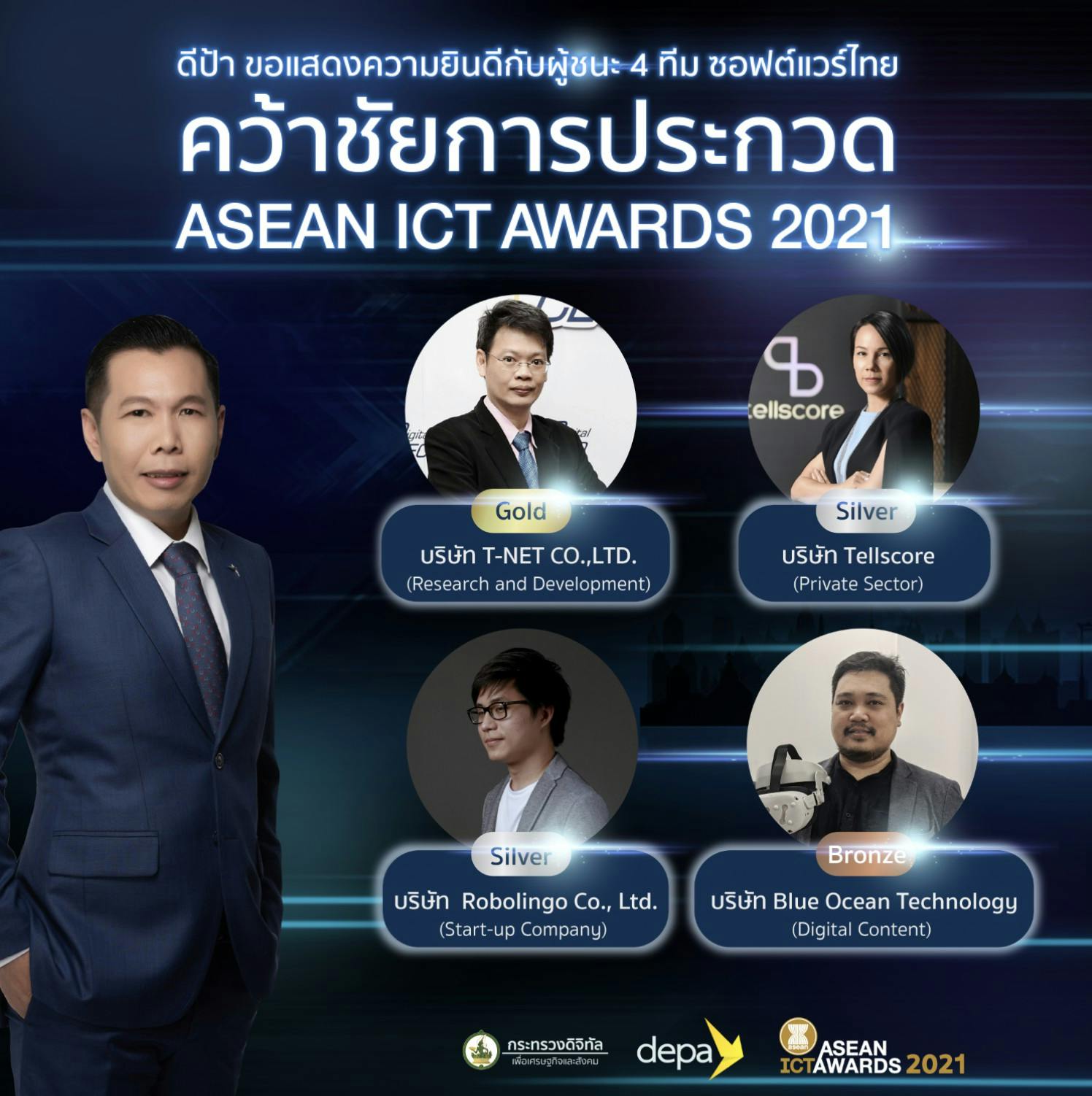 Cover Image for ดีป้า ขอแสดงความยินดีกับผู้ชนะ 4 ทีม ซอฟต์แวร์ไทย คว้าชัยการประกวด ASEAN ICT AWARD 2021